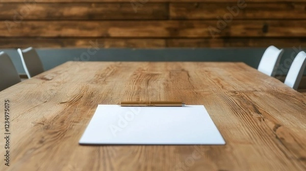 Obraz A clean wooden table with a blank sheet of paper and a pencil, set in a minimalist space, ideal for meetings or creative brainstorming.
