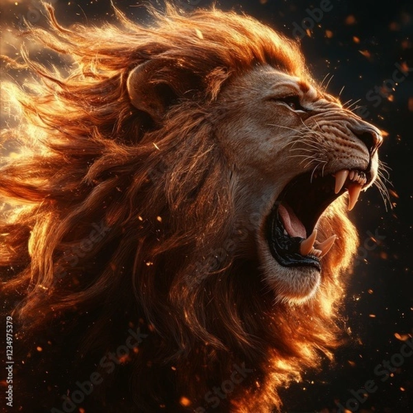Fototapeta Fiery Lion Roaring With Intense Power And Burning Mane Against Dark Background