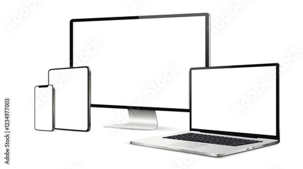 Fototapeta Computer screen, laptop computer, tablet and smartphone realistic devices blank screen mockup