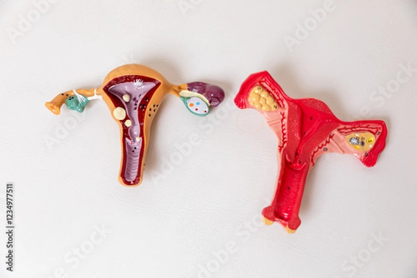Fototapeta Top view healthy and pathology anatomical models of the uterus and Ovaries. Reproductive system concept. Ovarian and Cervical cancer, Cervix disorder, Endometriosis, Hysterectomy, Uterine fibroids