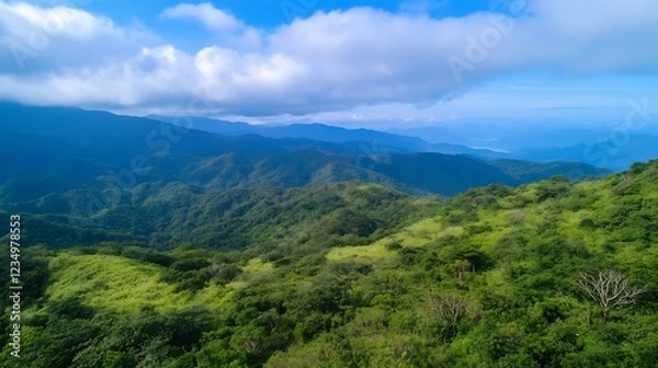 Fototapeta Panoramic Mountain Range Overlooking Rolling Clouds under Blue Sky : Generative AI