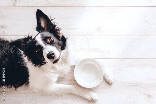 Fototapeta Hungry Border collie dog with empty bowl waiting for feeding, looking at camera, top view