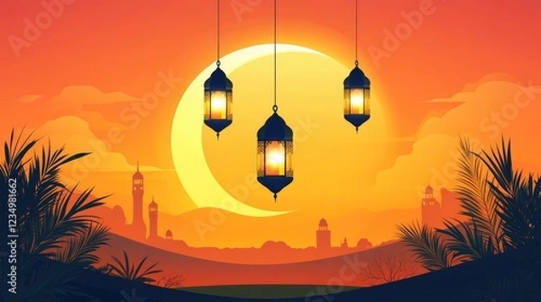 Fototapeta ramadan eid mubarak simple minimalist background. shinny crescent moon and hanging lantern in sky at sunset time for iftar.