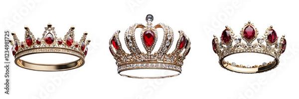 Fototapeta three elegant crowns with sparkling jewels, representing royalty and opulence. The crowns feature intricate designs and rich red gemstones.