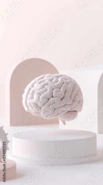 Fototapeta A minimalist concept of education and success featuring a floating brain model in a serene, pastel-toned environment symbolizing intelligence and creativity.