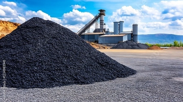 Obraz Industrial gravel manufacturing plant with towering equipment and piles under a blue sky : Generative AI