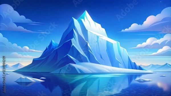 Fototapeta A majestic iceberg drifts through pristine Arctic waters, its crystalline ice reflecting the soft hues of the sky, with the vast underwater portion glowing in deep blue tones