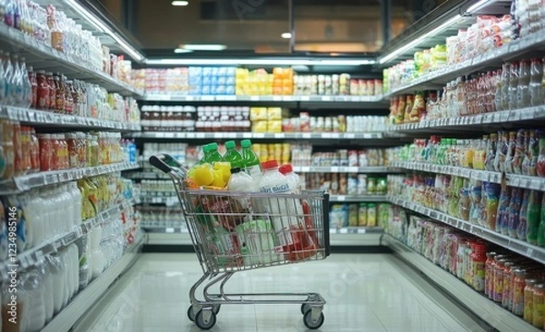 Obraz Grocery Shopping Cart in Supermarket Aisle