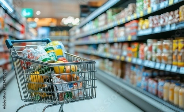 Obraz Grocery Shopping Cart Filled with Fresh Produce and Packaged Goods in a Supermarket Aisle