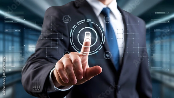 Fototapeta Businessman using smartphone to connect with digital social network and virtual technology interface