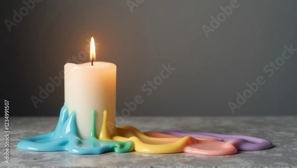 Fototapeta LGBTQ+ unity concept. Single ivory candle with six melting colored wax layers (soft pink, blue, peach, yellow, green, purple) on a stone table.