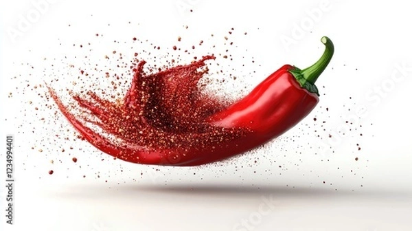 Fototapeta Realistic 3D illustration depicting a chili pepper powder splash or spicy burst in red color explosion on a white background resembling paint clouds or design elements