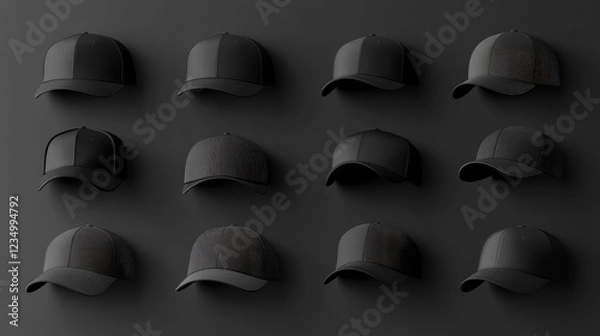 Fototapeta Realistic 3D mockup set of black caps, including sport baseball caps with visors and uniform hats from various angles. Ideal for headwear design illustrations.