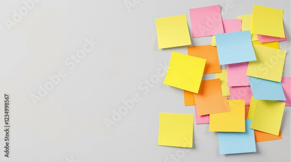 Fototapeta colorful sticky notes scattered on a white background creating a vibrant and organized workspace