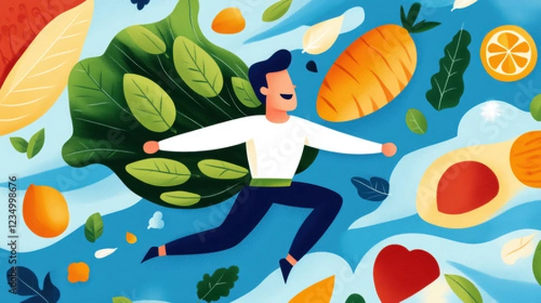 Fototapeta You Are What You Eat, illustration, A colorful illustration of a man with leafy wings surrounded by various fruits and vegetables, symbolizing health and vitality.