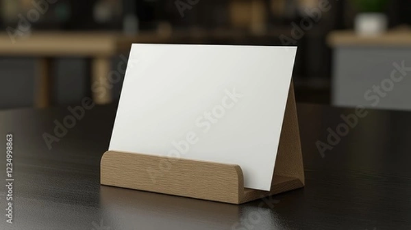 Fototapeta Realistic 3D vector illustration of a white empty blank paper sheet or card on a wooden holder Closeup view isolated suitable for mockups menu frames and booklets