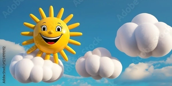 Fototapeta Cheerful Cartoon Sun Floating Amidst Fluffy white Clouds in a Bright Blue Sky