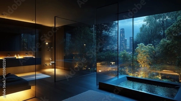 Fototapeta Modern Bathroom Design Featuring Cityscape View