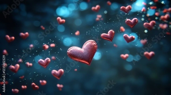 Fototapeta Floating red hearts in a dreamy, blue bokeh background, symbolizing love and affection.