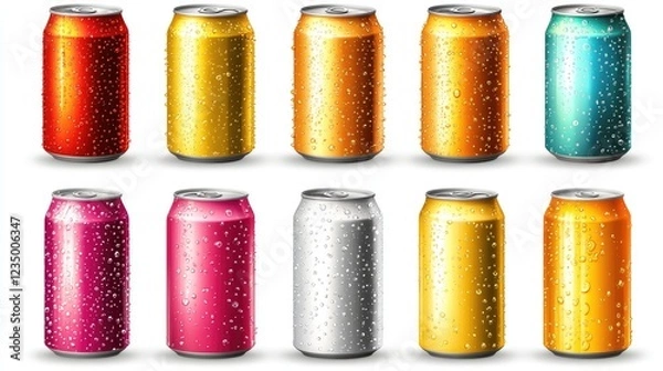 Fototapeta Realistic metal cans. Aluminum soda and lemonade cans with water drops, energy drink blank mockup. Vector isolated set canned beverages with water condensation on white background