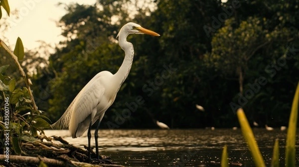 Fototapeta Great egret wading in a tranquil swamp at sunset, showcasing its elegant plumage and long beak.