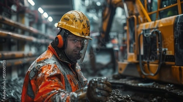 Fototapeta Construction worker in a hard hat, focused on work in a heavy machinery environment.