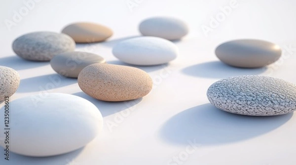 Fototapeta Smooth, colorful stones scattered on a white surface, casting soft shadows.