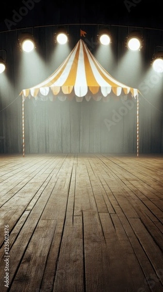 Fototapeta A circus tent with orange and white stripes is illuminated by bright lights, standing against a dark curtain backdrop on a wooden floor.