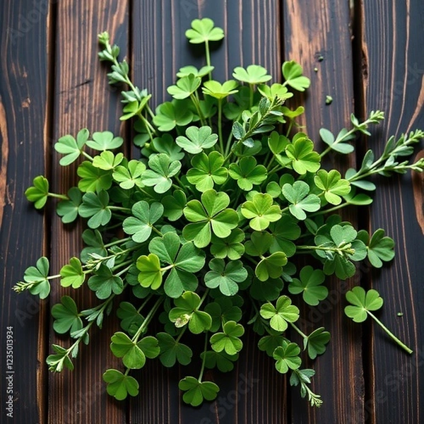 Fototapeta Rustic Dark Table with Shamrocks and Mixed Greenery, St. Patrick’s Day Decor