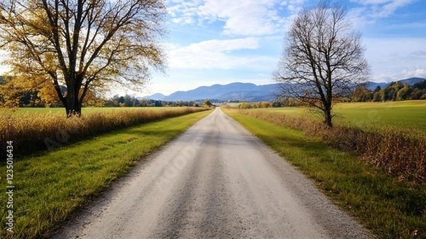 Fototapeta Tranquil Country Road Lined with Autumnal Trees Under Clear Blue Skies : Generative AI