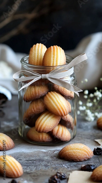 Obraz Mini madeleines stacked in a glass jar, tied with a ribbon
