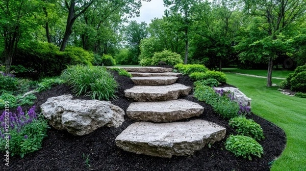 Obraz Stone steps garden landscape design, lush greenery