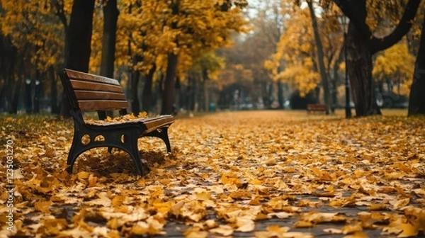 Fototapeta Beautiful autumn park with a wooden bench surrounded by colorful fallen leaves in golden sunlight