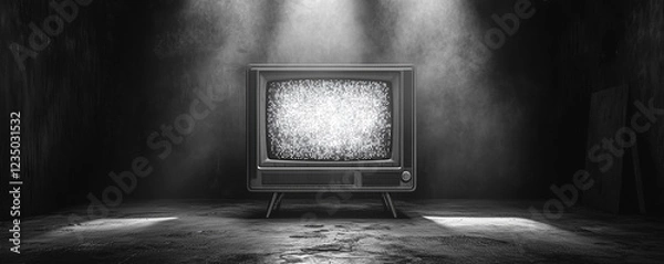 Fototapeta Vintage television with static screen in dark room under dramatic lighting