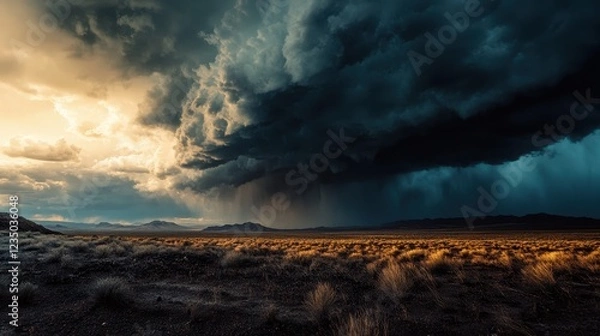 Fototapeta Dramatic storm clouds loom over a vast landscape illuminated by golden sunlight during late afternoon