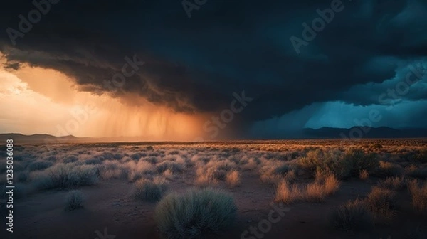 Fototapeta Dramatic storm clouds loom over a vast landscape illuminated by golden sunlight during late afternoon