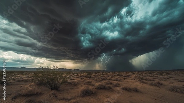 Fototapeta Dramatic storm clouds loom over a vast landscape illuminated by golden sunlight during late afternoon