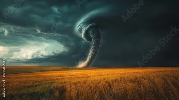 Fototapeta Dark storm clouds swirl above a tornado forming over a golden field during a late afternoon in a rural landscape