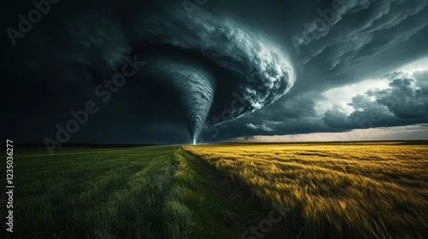 Fototapeta Dark storm clouds swirl above a tornado forming over a golden field during a late afternoon in a rural landscape