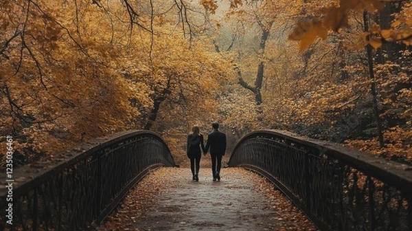 Fototapeta Couple walks hand in hand on a wooden bridge surrounded by autumn foliage during sunset