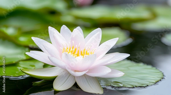 Obraz Pink water lily blooms in pond, green leaves background, nature serenity, meditation