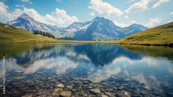 Fototapeta Majestic mountain landscape with serene lake reflecting the peaks during daytime