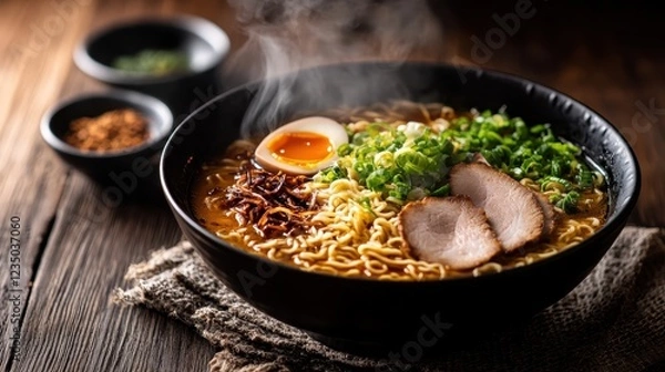 Fototapeta Delicious bowl of steaming ramen with toppings served on a wooden table in a cozy setting