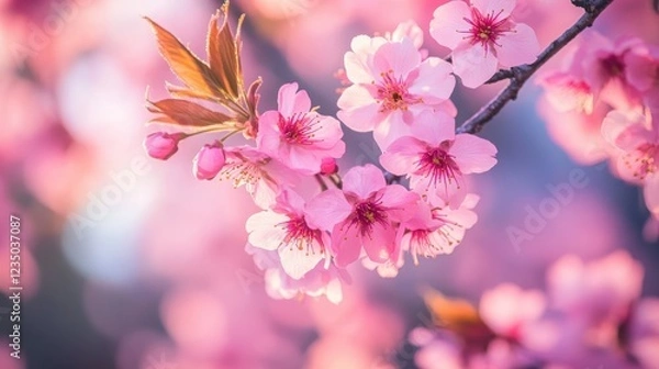 Fototapeta Cherry blossoms bloom beautifully in the warm sunlight of spring in a tranquil garden