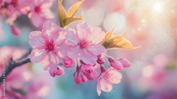 Fototapeta Cherry blossoms bloom beautifully in the warm sunlight of spring in a tranquil garden
