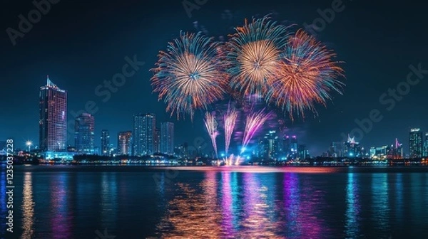 Fototapeta Spectacular fireworks illuminate the skyline of a vibrant city during a festive evening celebration near the waterfront