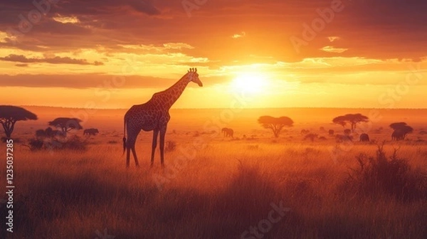 Fototapeta Giraffes and elephants stand tall in a golden savannah at sunset in Africa