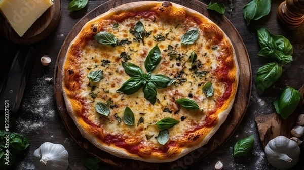 Fototapeta Freshly baked pizza topped with mozzarella cheese and basil leaves on a black stone surface in a vibrant kitchen setting