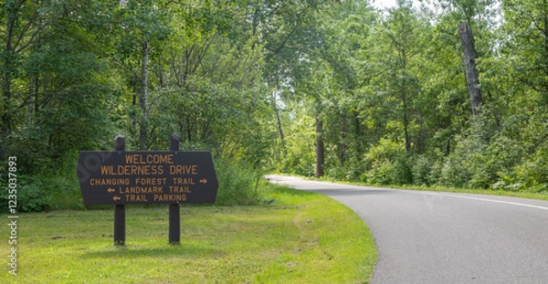 Obraz Wooden welcome and directional sign for the Wilderness Drive in the Itasca State Park in Minnesota.