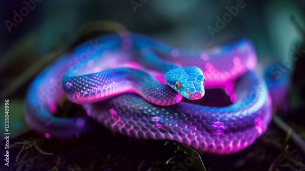 Fototapeta A vibrant, multicolored snake slithers through a dark forest floor, its scales illuminated with iridescent hues against the natural brown leaves and green foliage.